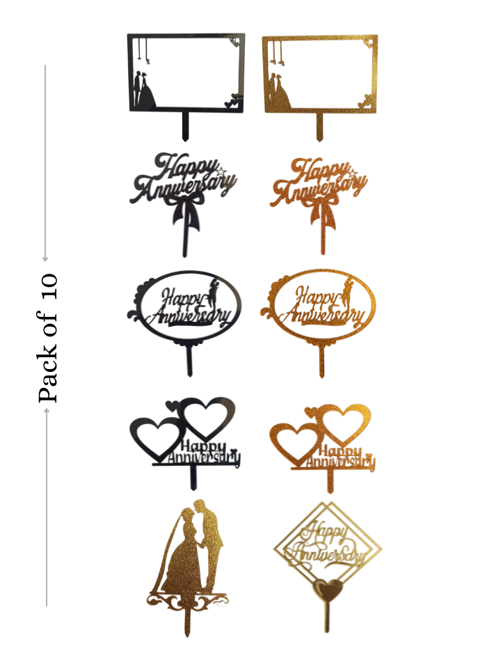 Happy Anniversary toppers Assorted color Acrylic Topper 5 inch Pack of 10