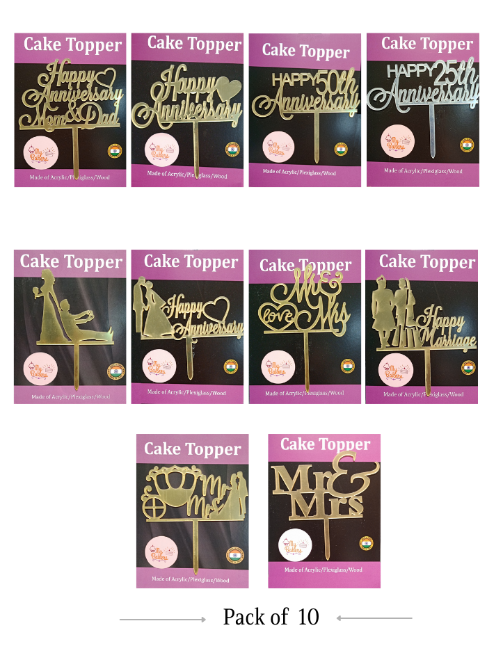 Happy Anniversary Combo Assorted Acrylic Topper 6 inch Pack of 10